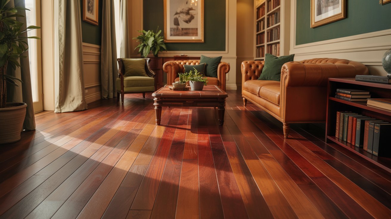 A cozy living room featuring wooden floors and matching wooden furniture, creating a warm and inviting atmosphere.
