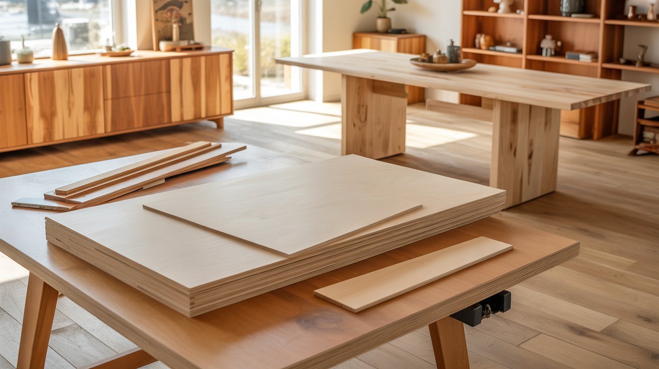 A wooden table featuring a smooth surface and scattered wood pieces on top.