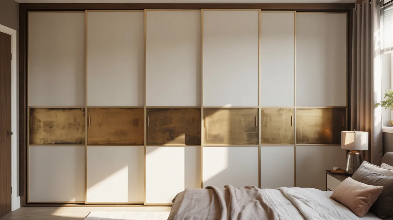 A cozy bedroom featuring gold and white walls, with a neatly made bed as the focal point of the room.