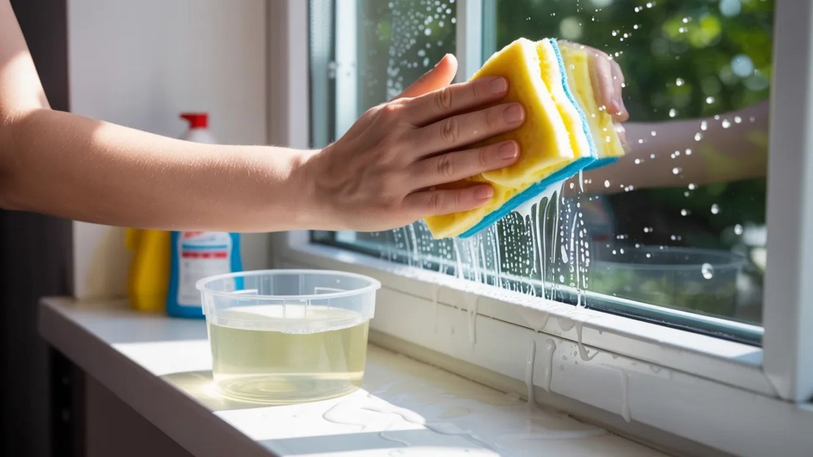 A person using a sponge to clean a window, focusing on removing dirt and streaks for a clear view.