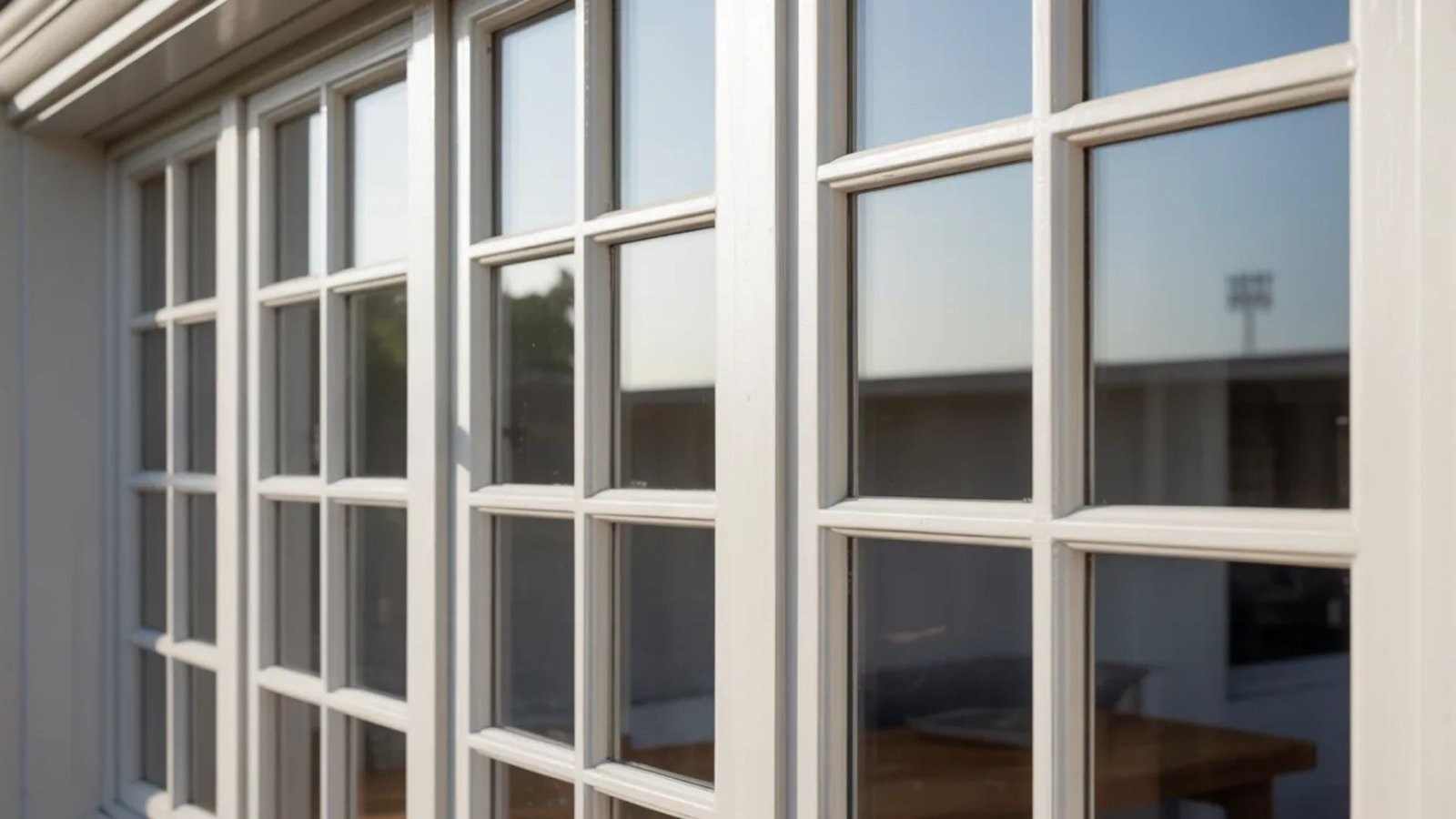 Close-up of a window featuring white glass, highlighting its smooth surface and reflective quality.