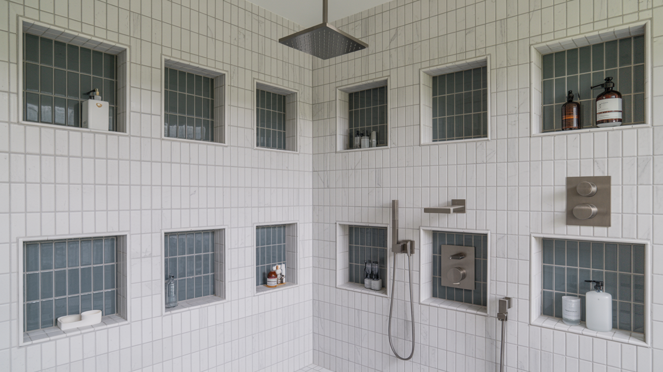 A clean bathroom featuring a modern shower and a sleek sink, with neutral-colored tiles and bright lighting.