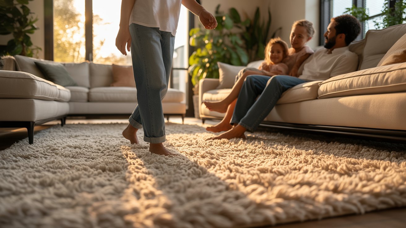 A family sits together on a couch in a cozy living room, enjoying each other's company.
