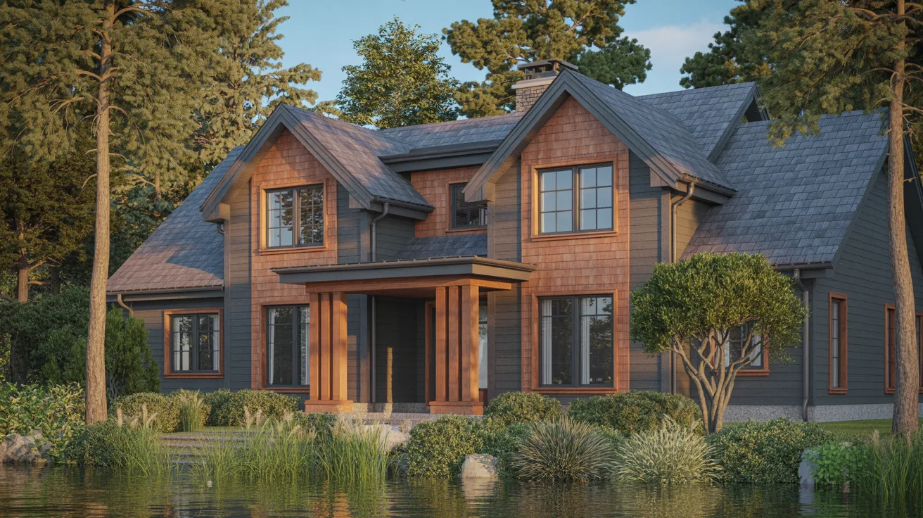 A rendering of a house with a serene pond in the background, surrounded by greenery and a clear blue sky.