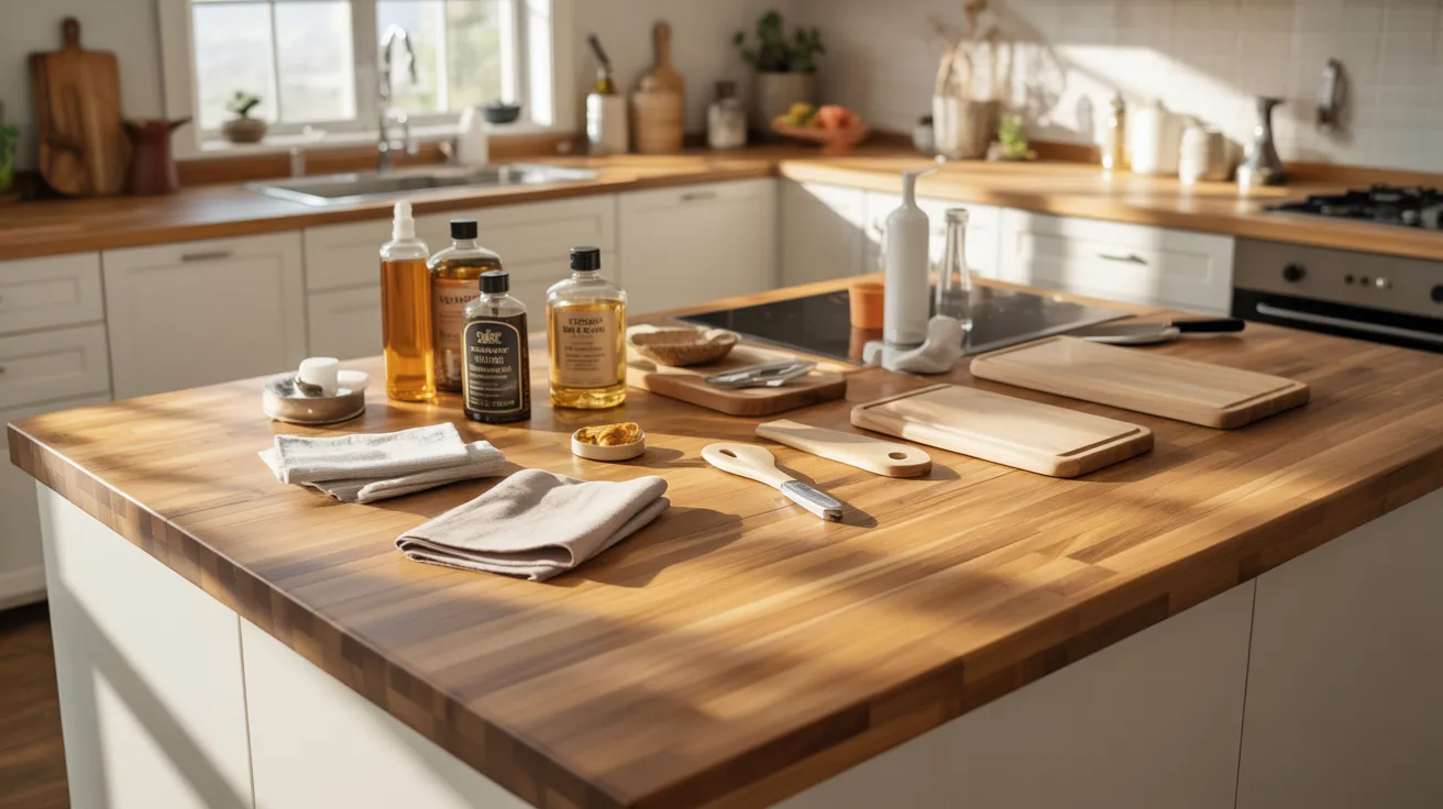 A kitchen featuring a wooden countertop and a stainless steel sink, showcasing a warm and inviting atmosphere.