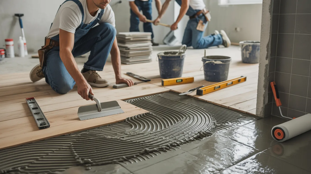A man is installing tiles on a floor, carefully aligning each piece for a precise fit.