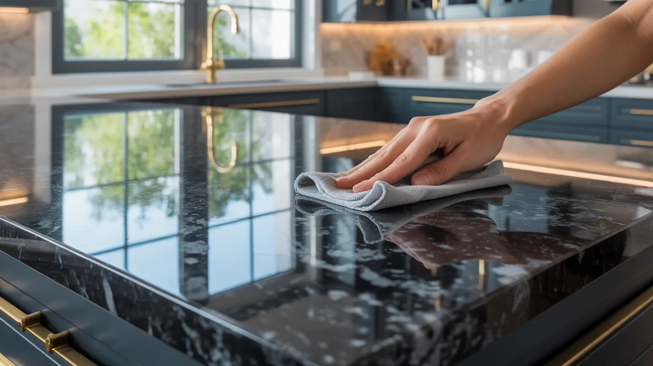 A person using a cloth to clean a shiny marble countertop in a well-lit kitchen.