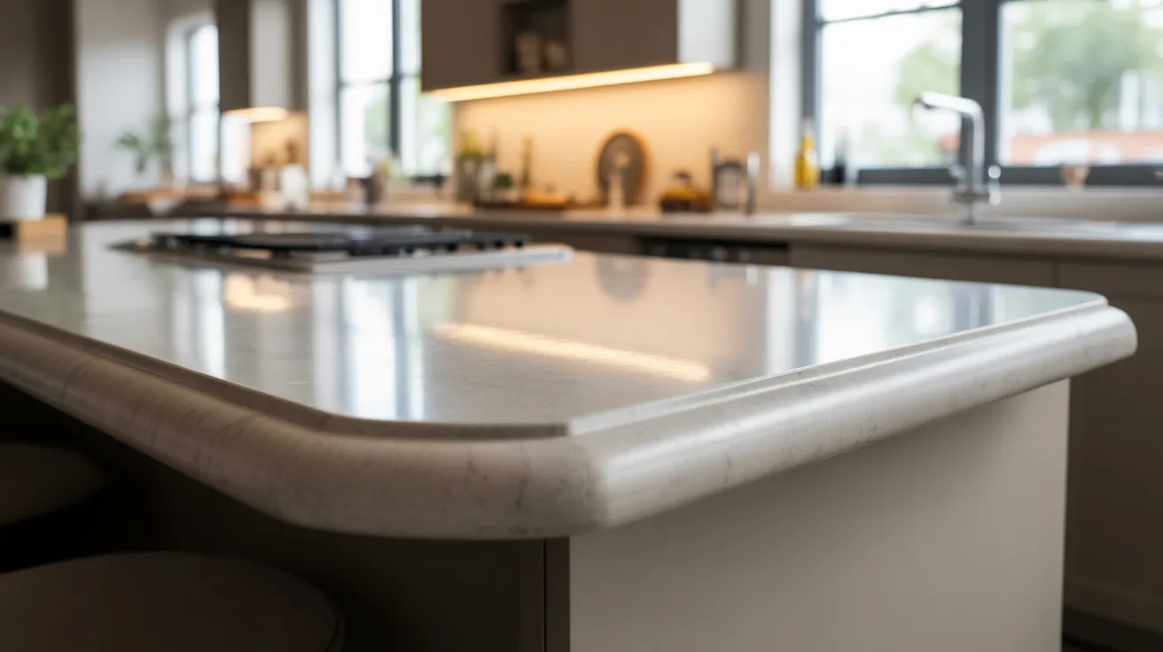 A kitchen counter featuring a sink and several stools arranged around it.