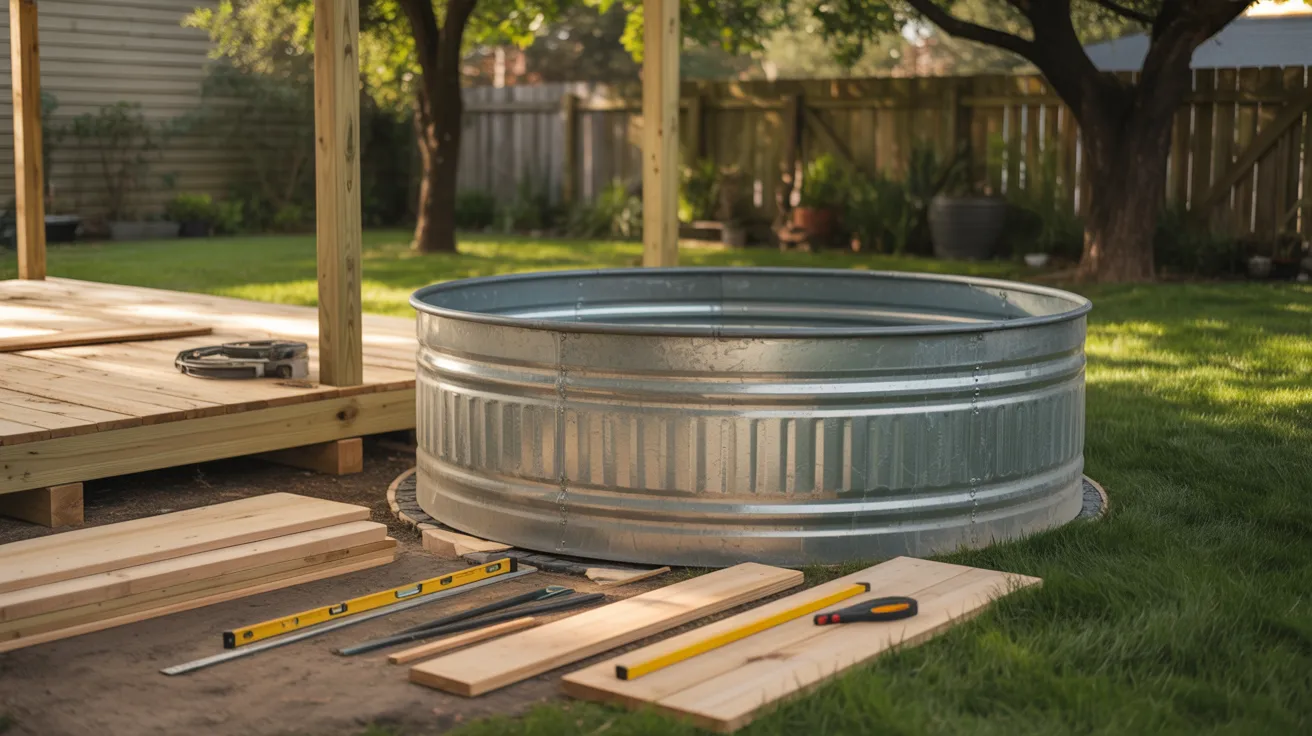 A backyard scene with a large metal stock tank on grass under trees, near a wooden deck. Nearby are tools and wood planks, suggesting construction.