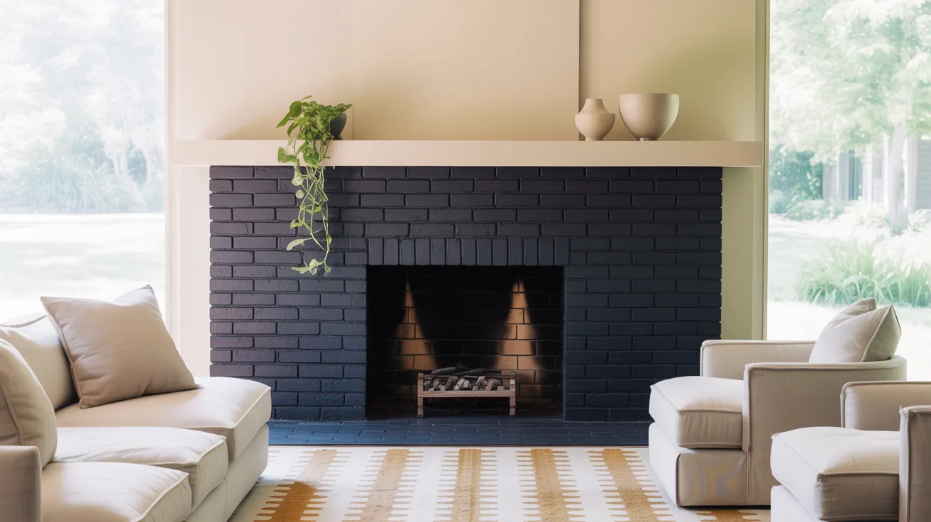 A cozy living room with a black brick fireplace, flanked by beige sofas. A plant and pots adorn the mantel. Large windows reveal lush greenery outside.