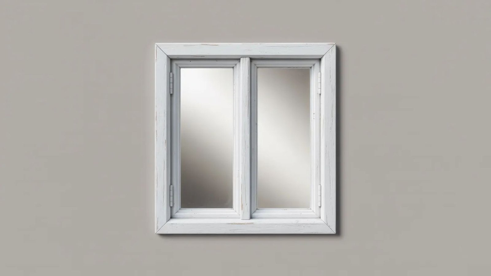 A white-framed, double-panel window is set in a light gray wall. The glass reflects ambient light, creating a calm and neutral atmosphere.
