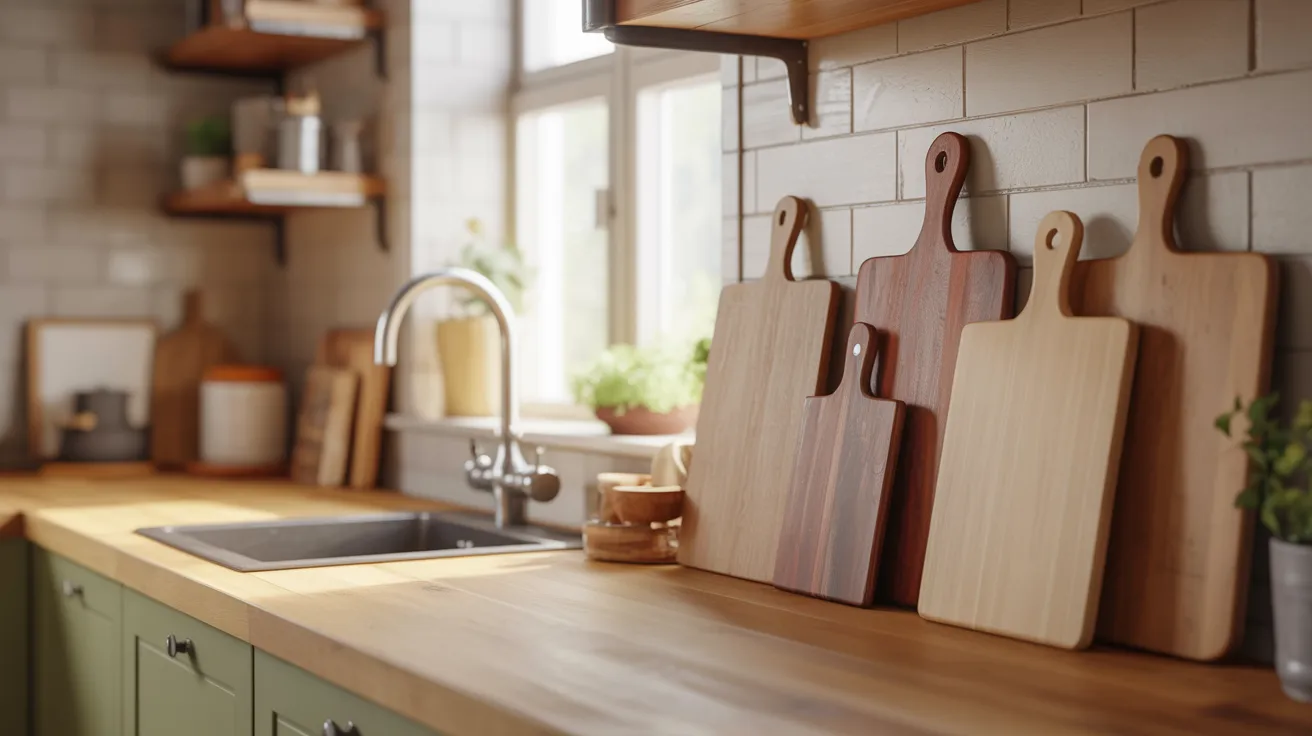 A cozy kitchen scene with wooden countertops, cutting boards, a sleek faucet, and potted plants. Sunlight streams through a window, creating a warm, inviting atmosphere.