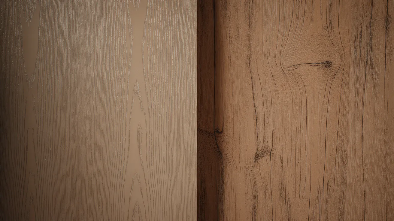 Close-up of two wooden surfaces with distinct textures and colors. The left panel is smooth and light, while the right is darker with visible grain patterns.