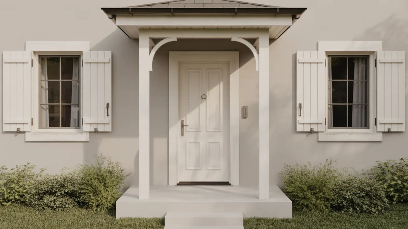 Front view of a charming house with a white door, arched porch, and two shuttered windows. Lush greenery sits below, creating a serene, welcoming vibe.