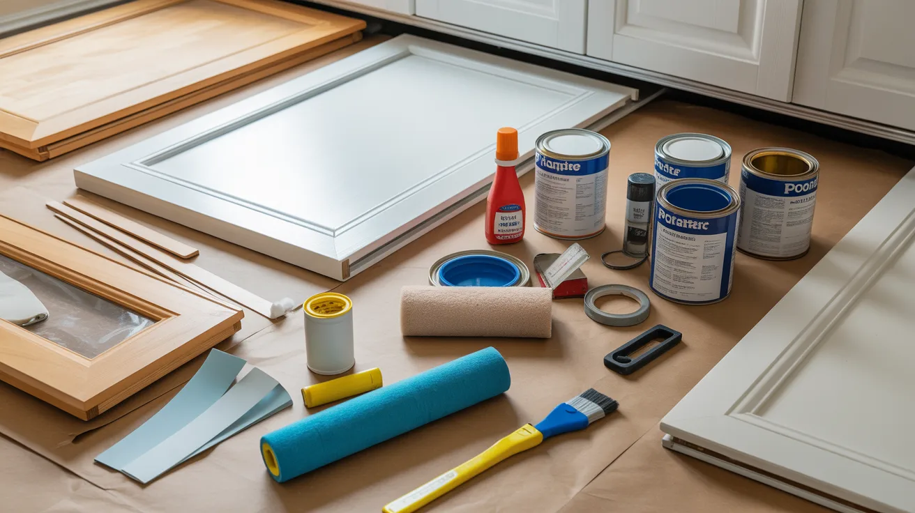 Image of a professional repairing and replacing kitchen cabinets, showcasing tools and materials used in the process.