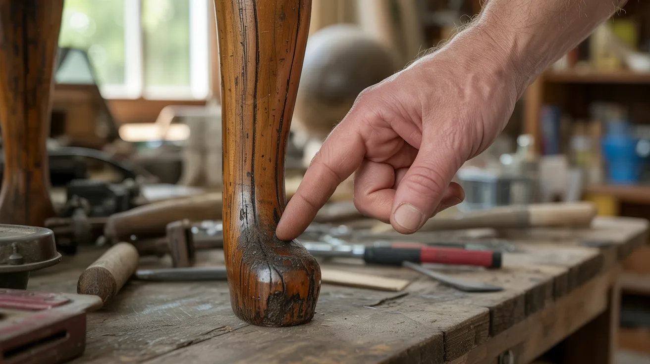 A hand gently touches the aged wooden leg of a table on a workbench, surrounded by tools. Soft light filters through a window, evoking a nostalgic tone.