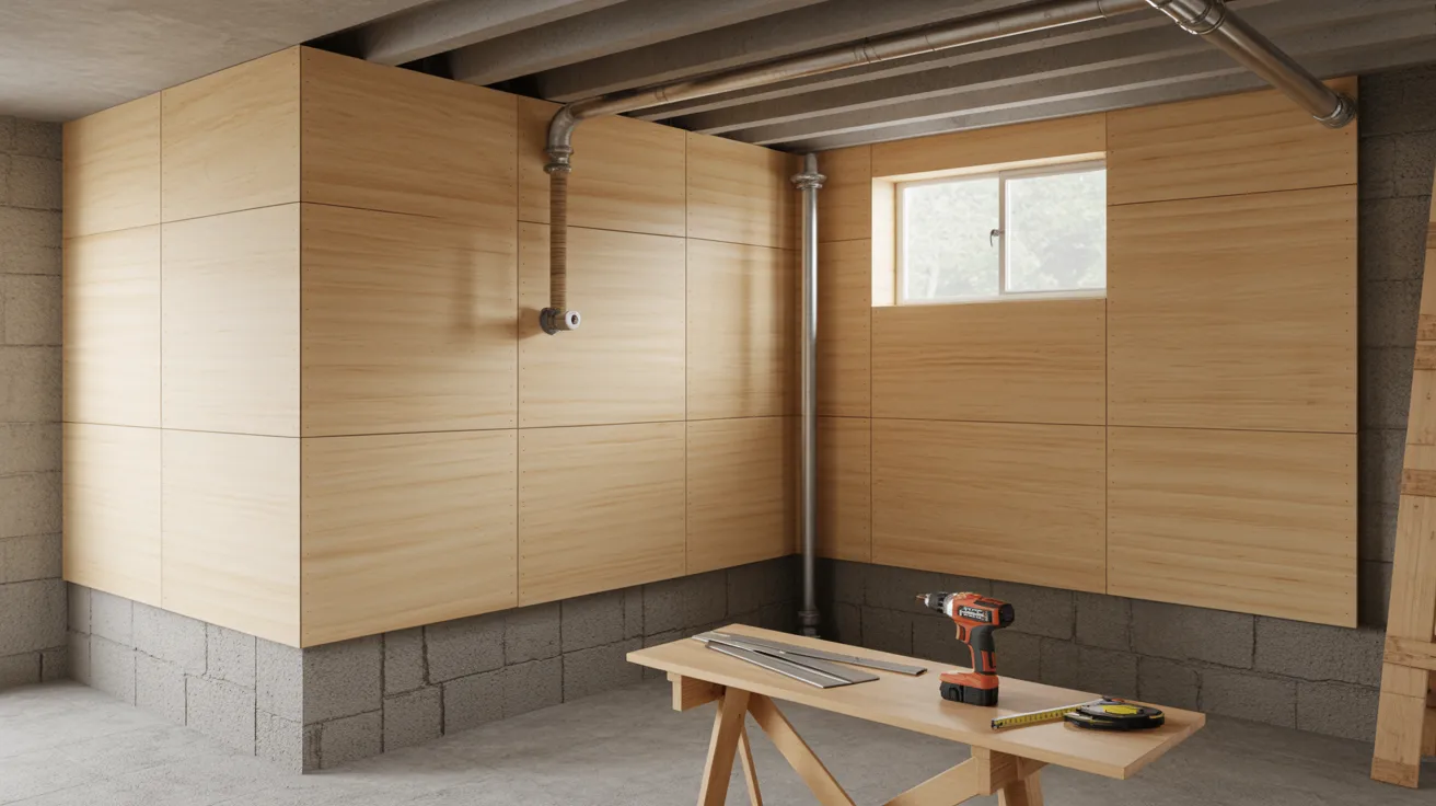 A room featuring wood paneling and a sturdy workbench, creating a warm and functional workspace atmosphere.