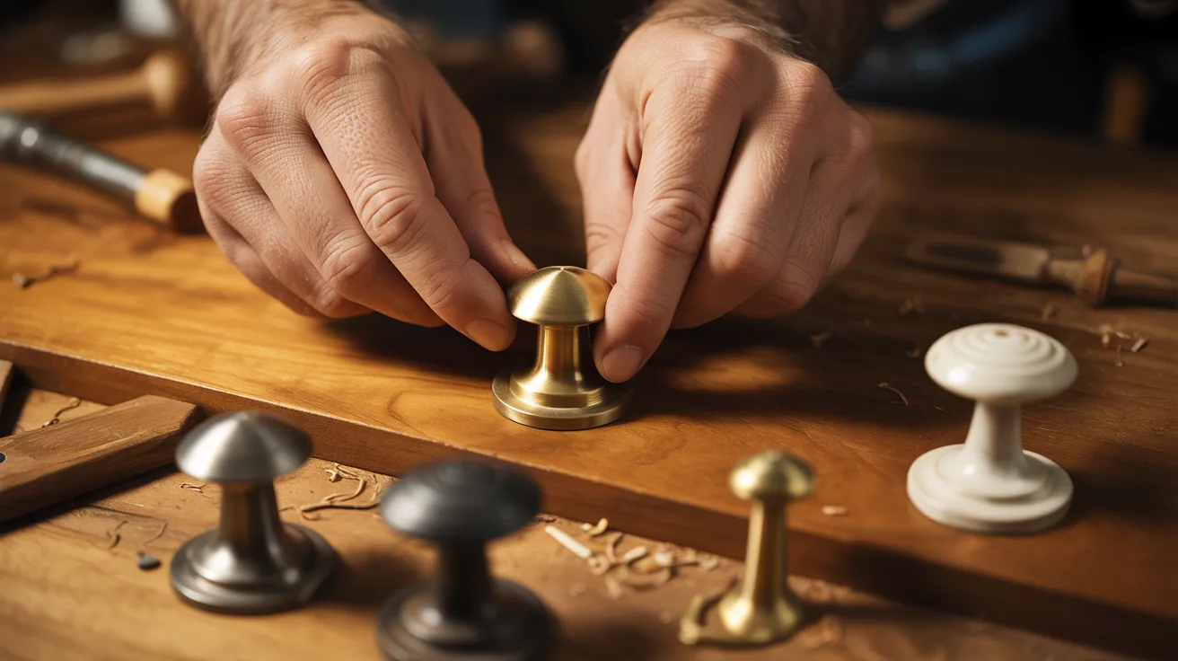 Hands carefully selecting a brass cabinet knob from a wooden table. Various knobs in different materials and colors are scattered around, conveying a crafty, focused atmosphere.