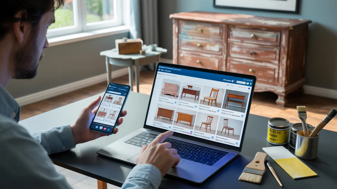 A man sits at a desk using a laptop and smartphone to browse furniture online. A worn chest of drawers and painting tools are visible in a bright room.