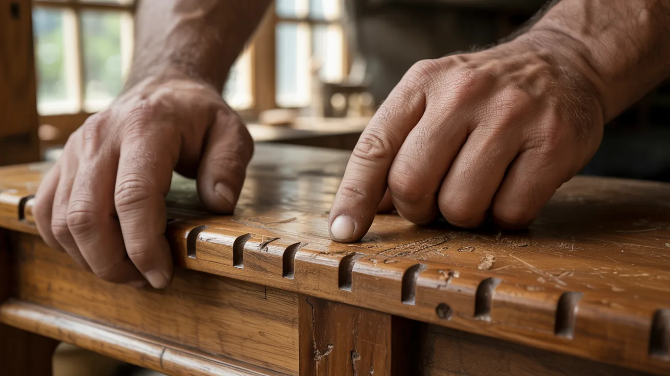 Close-up of hands inspecting detailed woodwork with dovetail joints, conveying craftsmanship and attention to detail in a sunlit workshop.