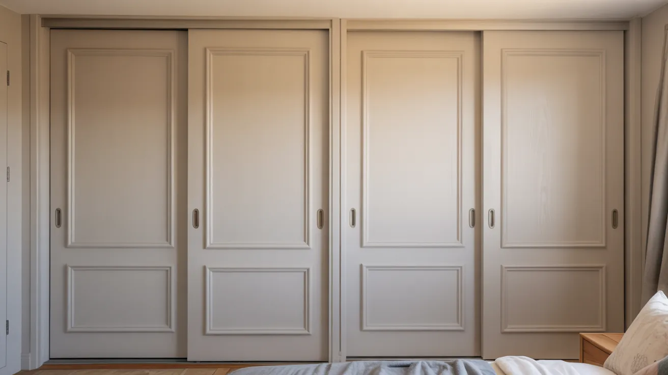 A cozy bedroom featuring a neatly made bed and closed closet doors against a softly painted wall.
