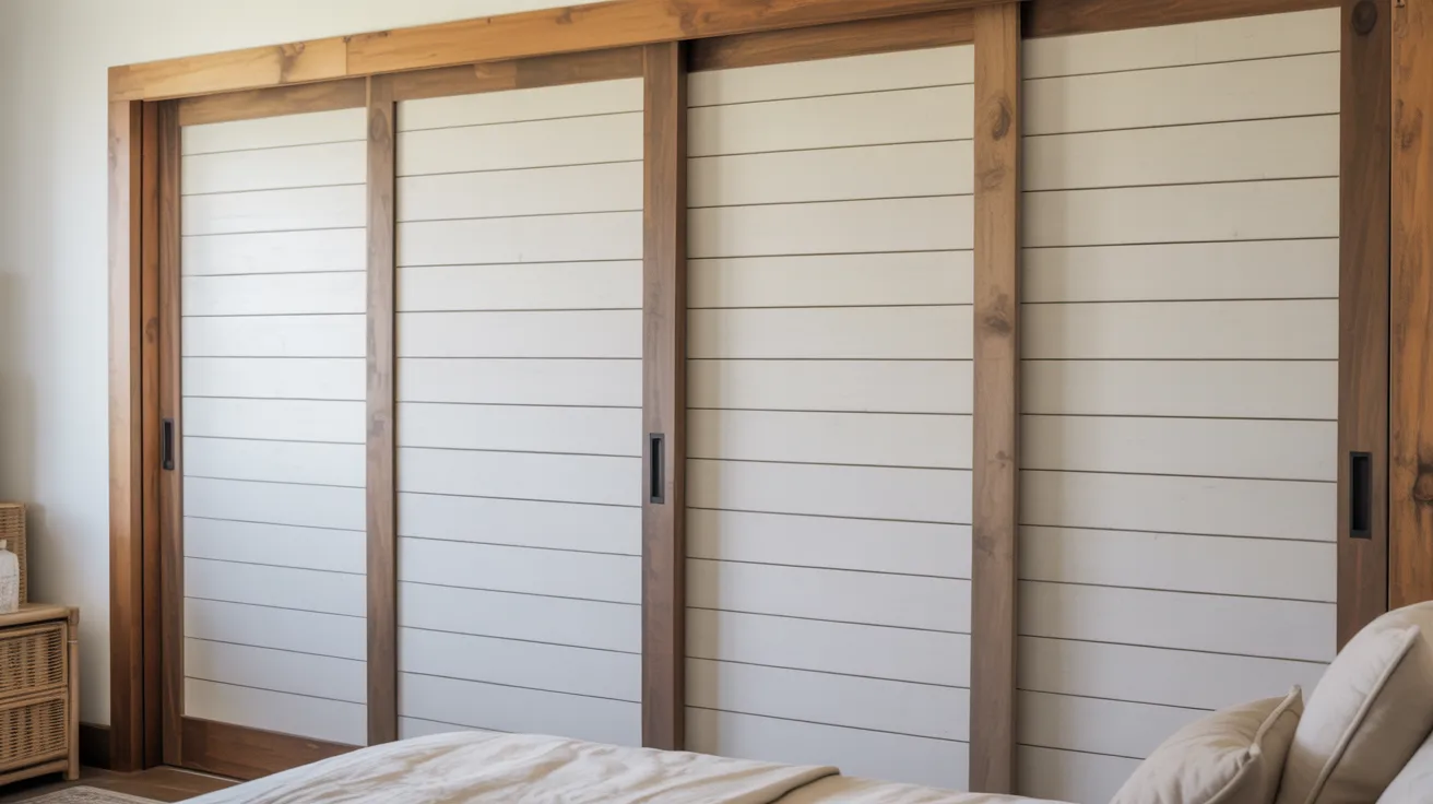 A cozy bedroom featuring a bed and sliding doors that open to a serene outdoor view.