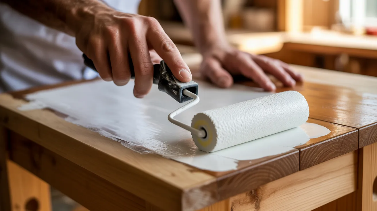 A hand uses a paint roller to apply white paint on a wooden table, creating a smooth layer. The scene conveys a sense of care and focus.