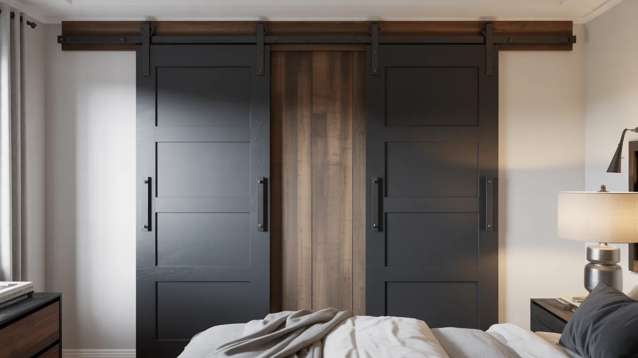 A cozy bedroom featuring a rustic sliding barn door, enhancing the room's charm and functionality.
