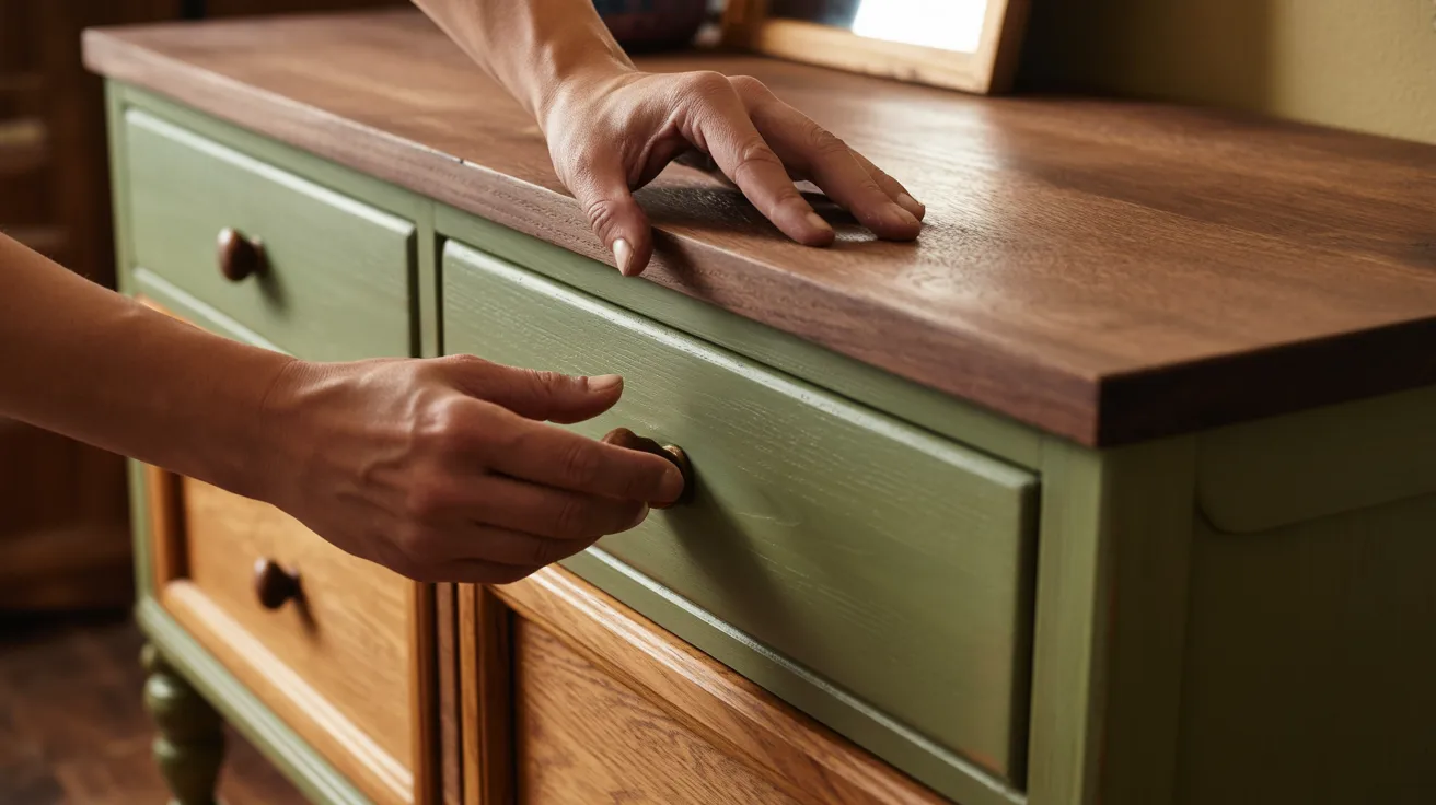 Hands open a drawer on a wooden dresser with green-painted drawers and a dark wood top. The setting feels warm and inviting, suggesting a cozy atmosphere.