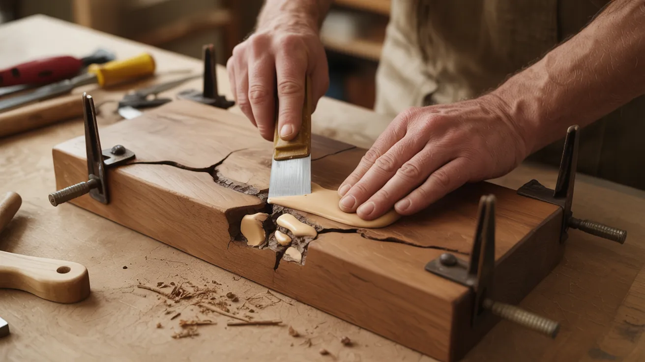 Hands repair a cracked wooden board using clamps and a chisel. Wood shavings and tools are scattered on the workbench, conveying focus and craftsmanship.