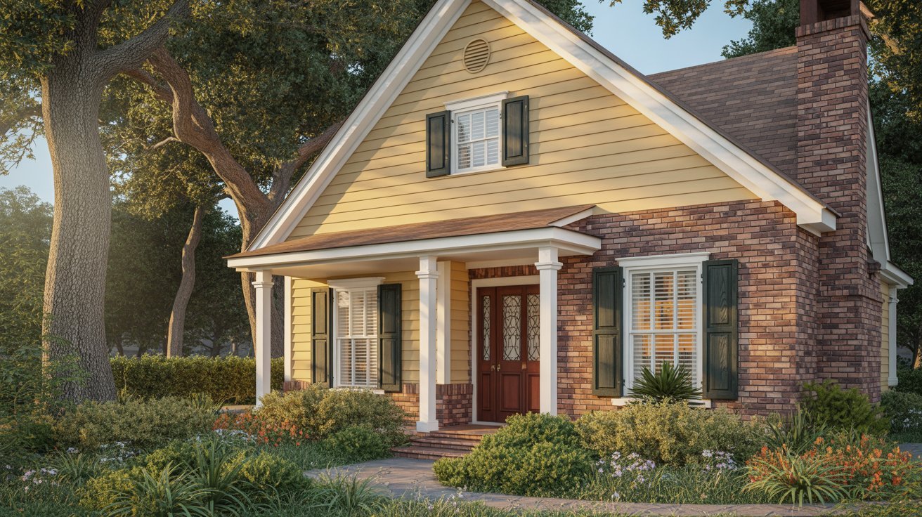 A quaint cottage-style house featuring a welcoming front porch surrounded by greenery.