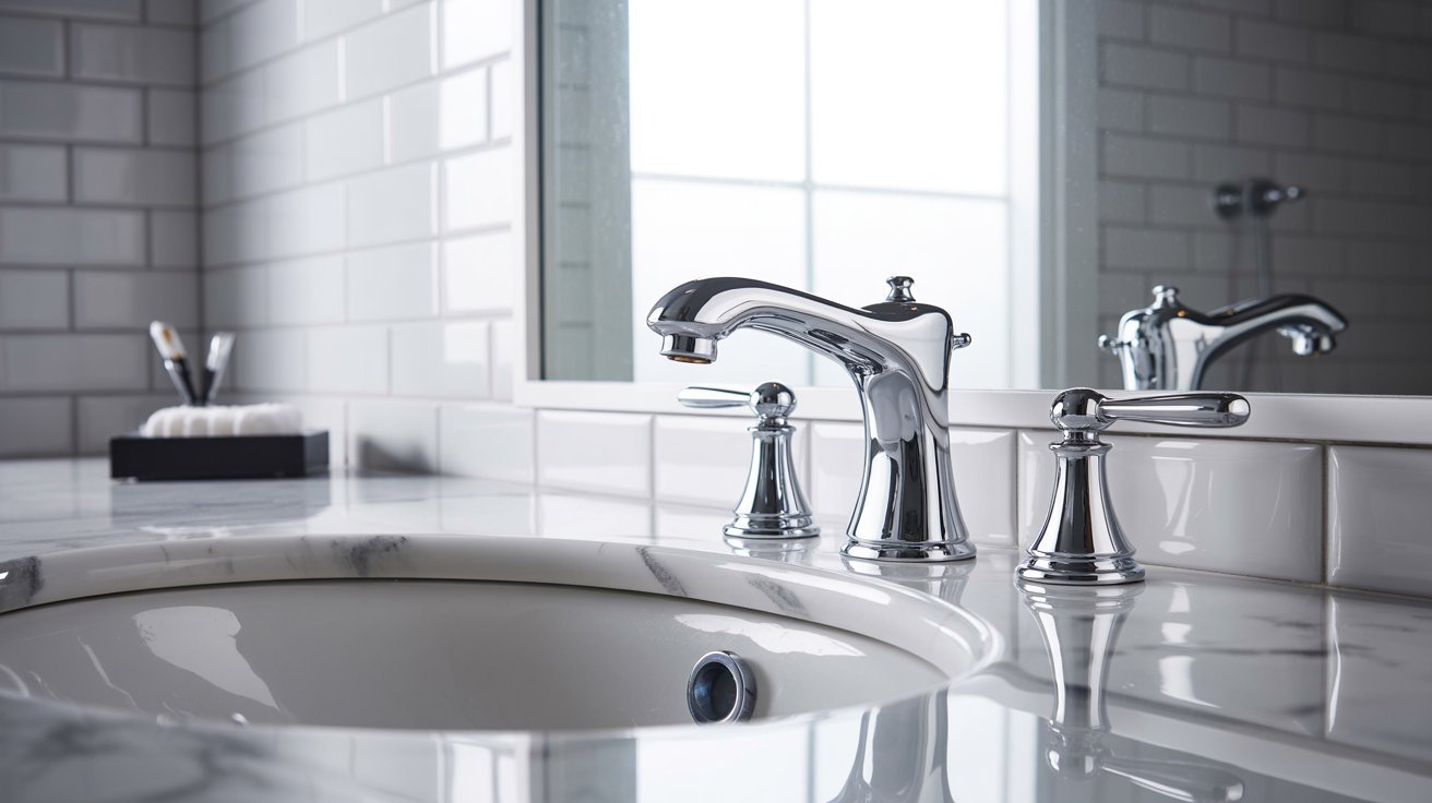 A bathroom sink featuring two faucets and a large mirror above it, reflecting the surrounding area.