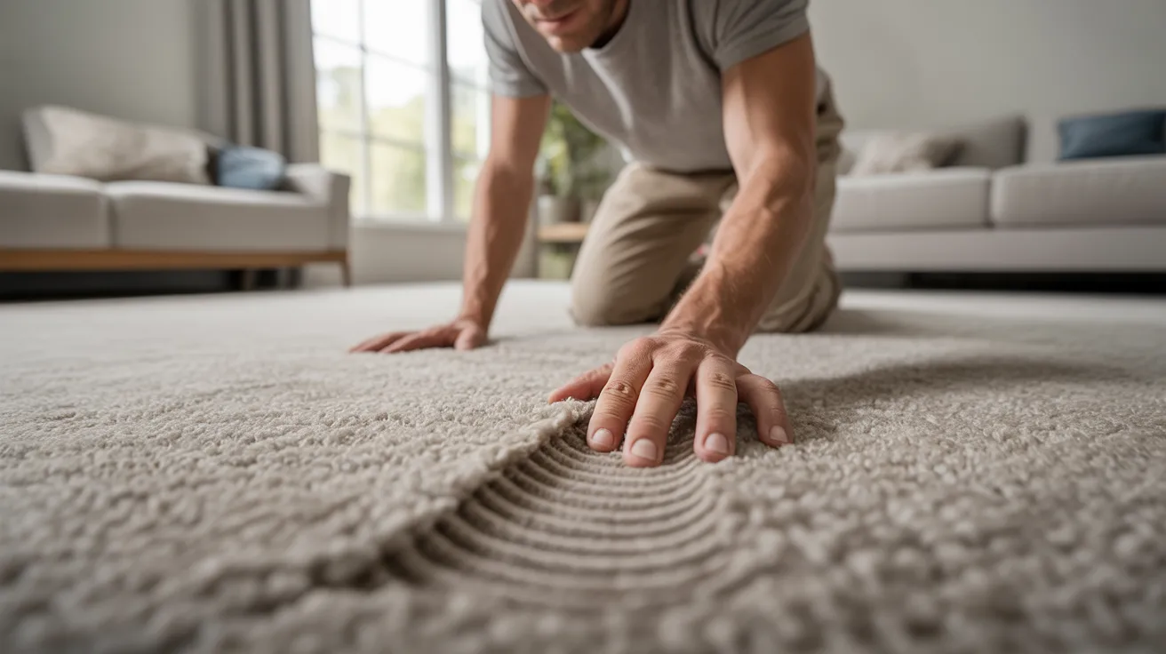 Man kneeling on a carpet in a cozy living room, surrounded by furniture and soft lighting.