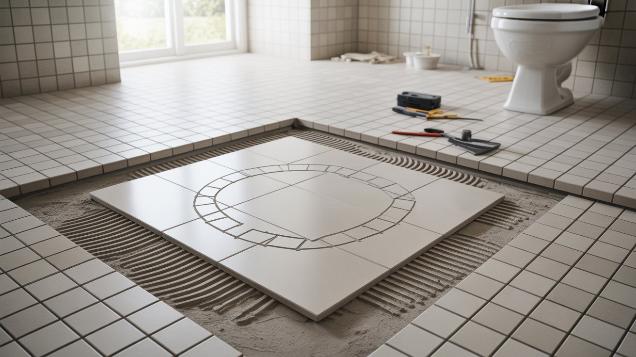 Bathroom under renovation with large tiles arranged in a circle pattern on the floor, surrounded by tools. White toilet and window in the background.