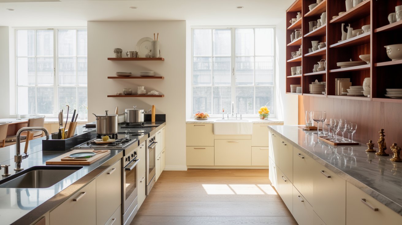 A kitchen featuring a sink, stove, and shelves, showcasing a functional cooking space with essential appliances.