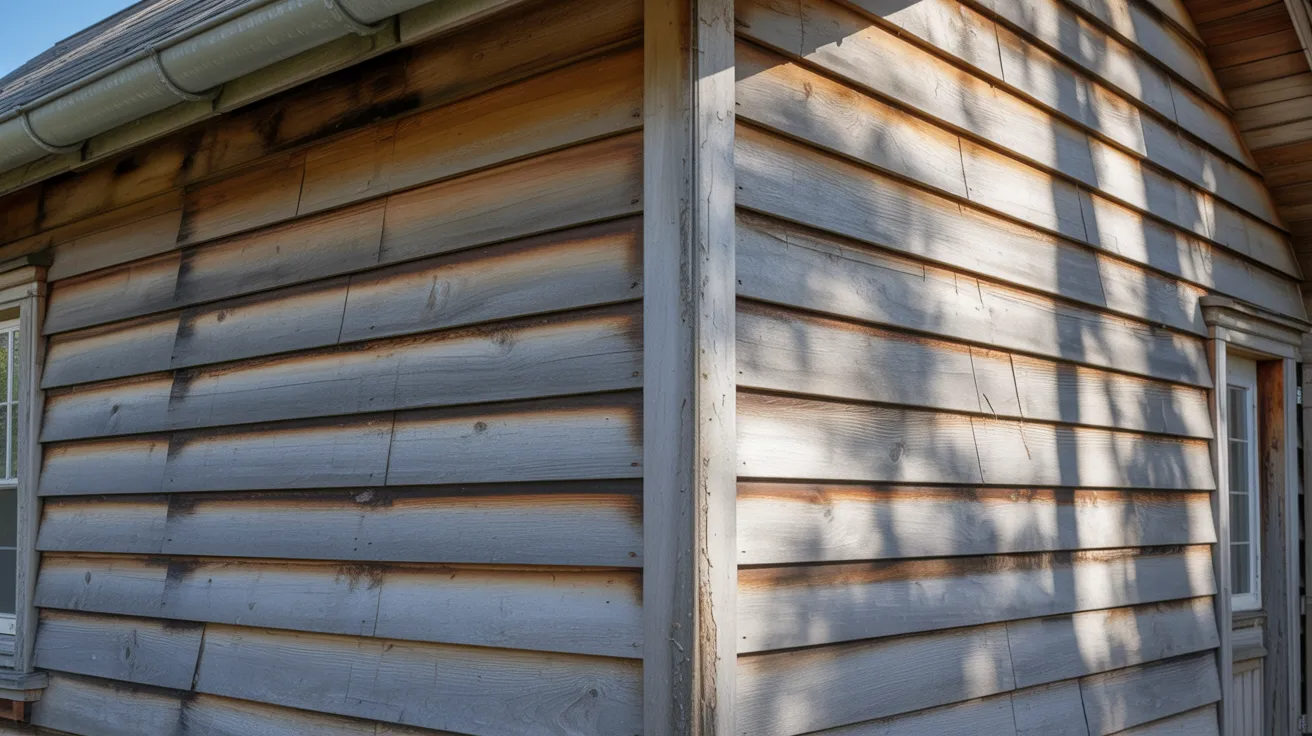 Wooden siding on a house corner shows smoke and fire damage with blackened, charred areas, suggesting prior fire exposure. Sunlight casts shadows.