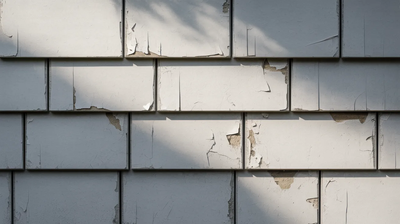 Close-up of weathered white shingles with peeling paint, revealing aged wood beneath. Sunlight casts soft shadows, creating a rustic, neglected feel.