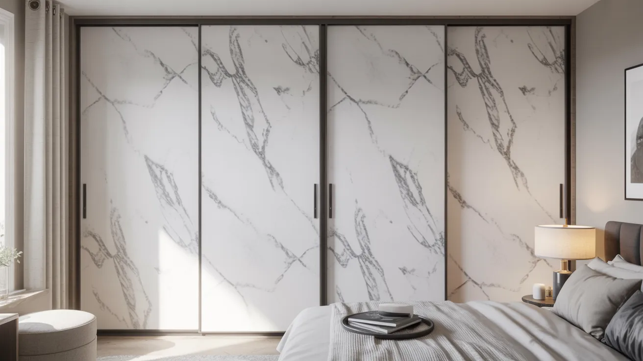 A luxurious bedroom featuring elegant marble walls and a neatly made bed in the center.