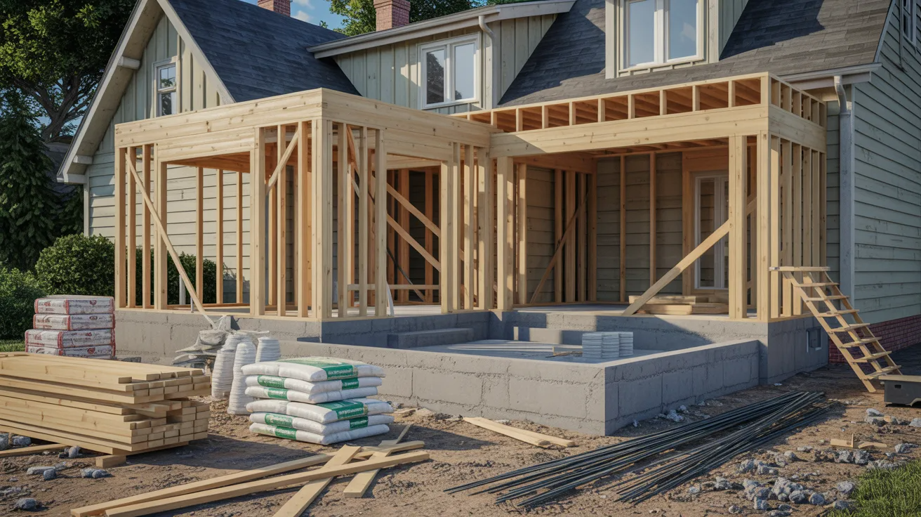 A house under construction featuring exposed wood framing and stacks of lumber on the site.