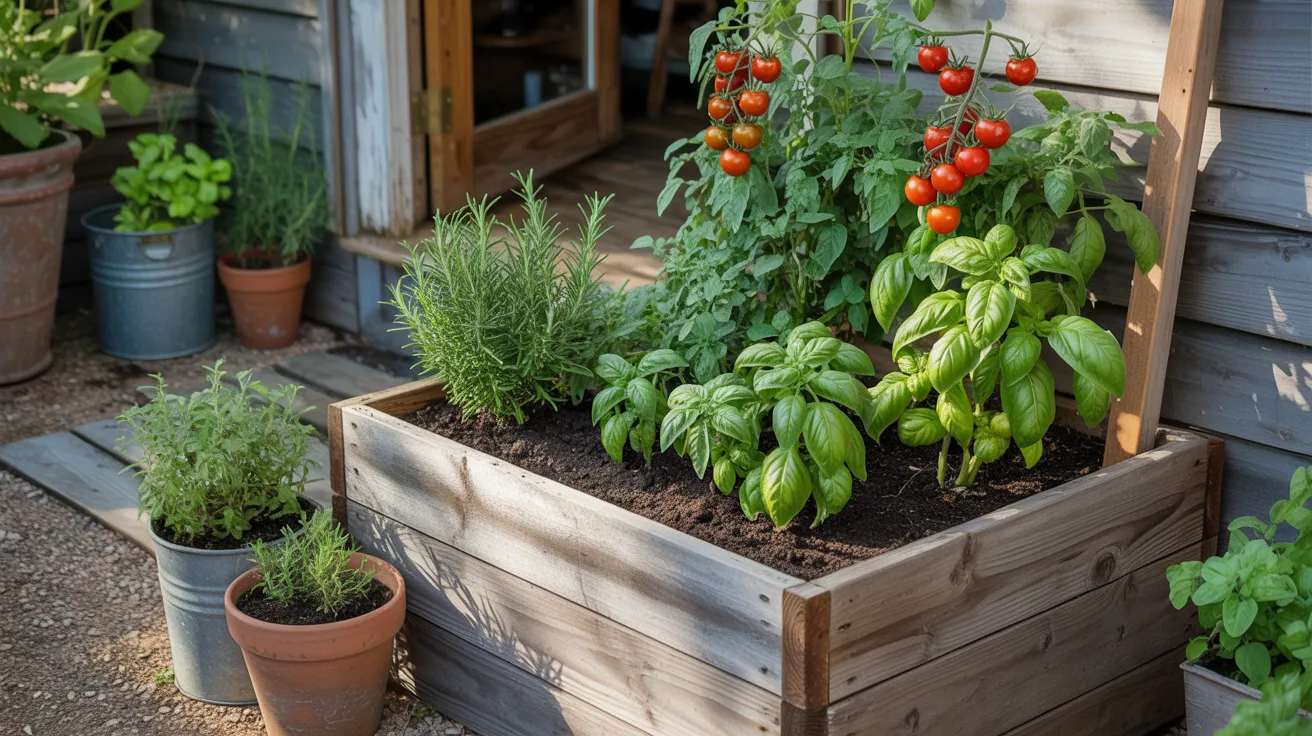A vibrant garden featuring tomatoes, basil, and various plants arranged in rustic wooden planters.