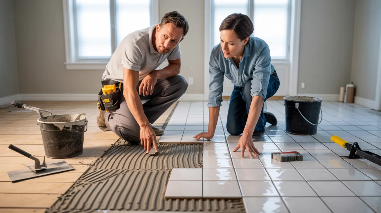 Two individuals installing tiles on a floor, focused on their work and surrounded by tools and tile materials.
