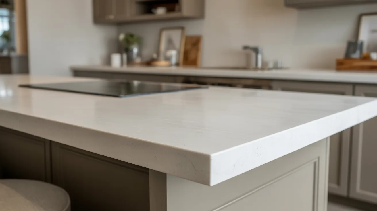 A clean white countertop in a modern kitchen, showcasing a bright and spacious cooking area.