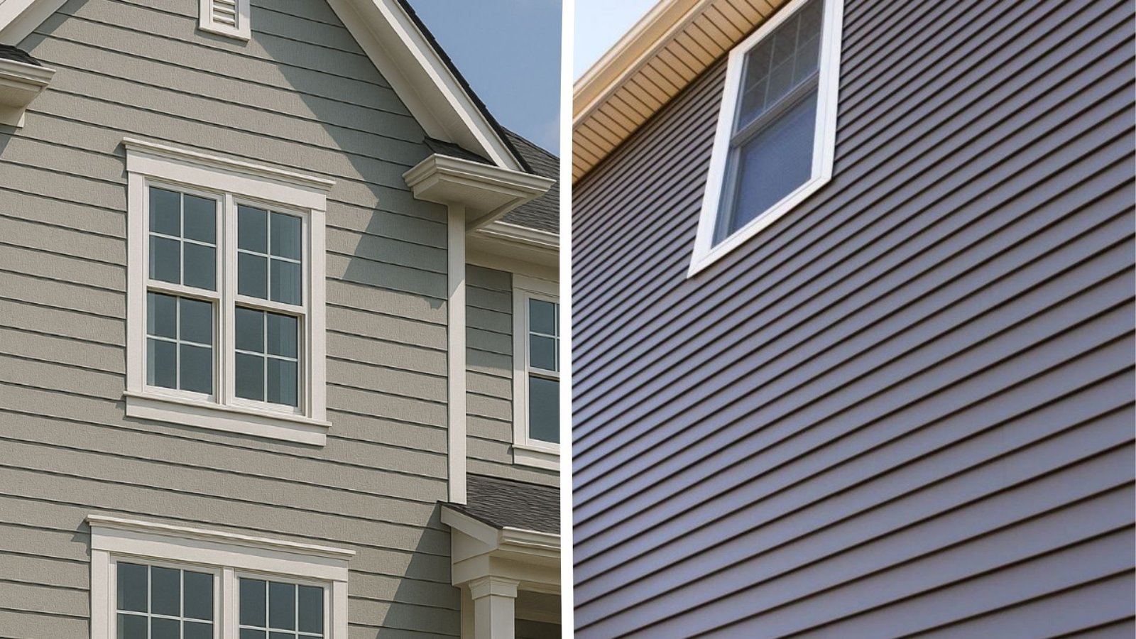 Split image comparing house siding. Left: light gray with white-trimmed windows, classic look. Right: dark gray textured siding with a modern feel.