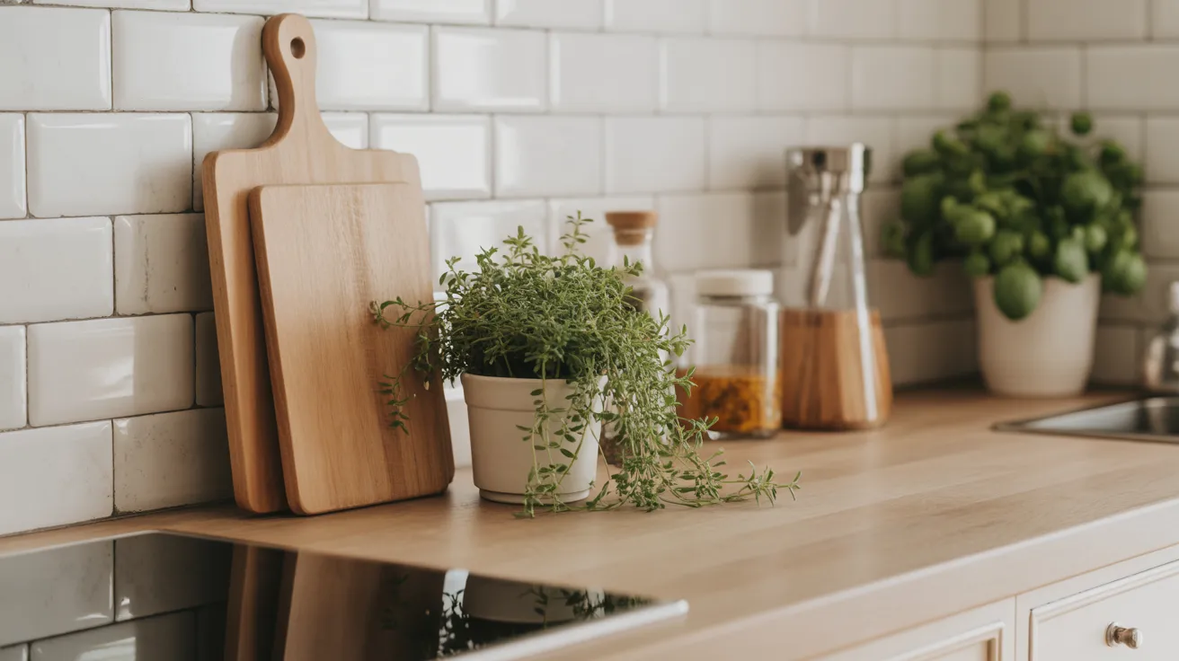 A cozy kitchen countertop with wooden cutting boards, a potted herb, jars, and a fresh basil plant by a sunkissed white tile backsplash, conveying warmth.