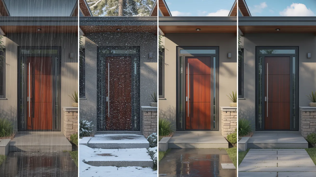 Modern front door through four seasons: rain, snow, autumn with leaves on wet steps, and sunny day. The scene conveys change and tranquility.