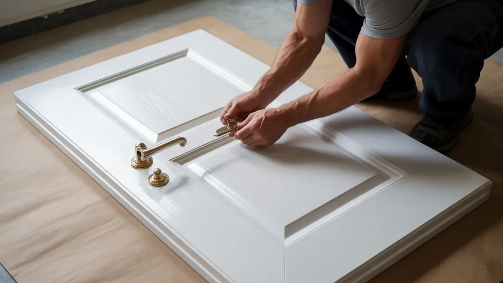 A person in a gray shirt installs a brass doorknob and lock on a white wooden door placed on a paper-covered floor. The scene is focused and industrious.