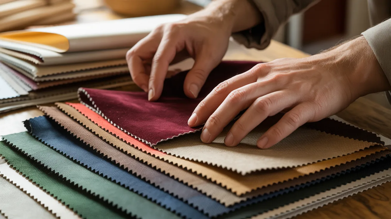 Hands carefully arrange colorful fabric swatches, including red, green, beige, and navy, on a wooden table, conveying a sense of creativity and focus.