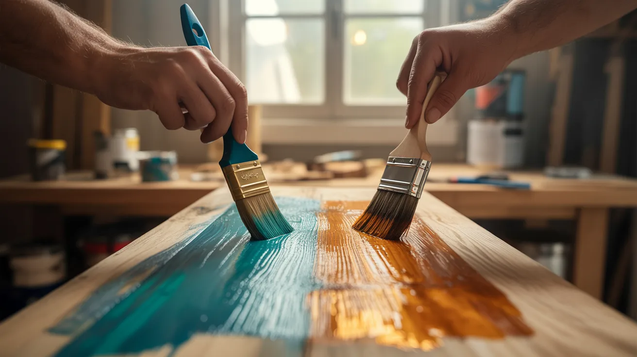 Two hands paint a wooden plank; one uses blue paint, the other orange. Soft light from a window creates a warm, creative atmosphere.