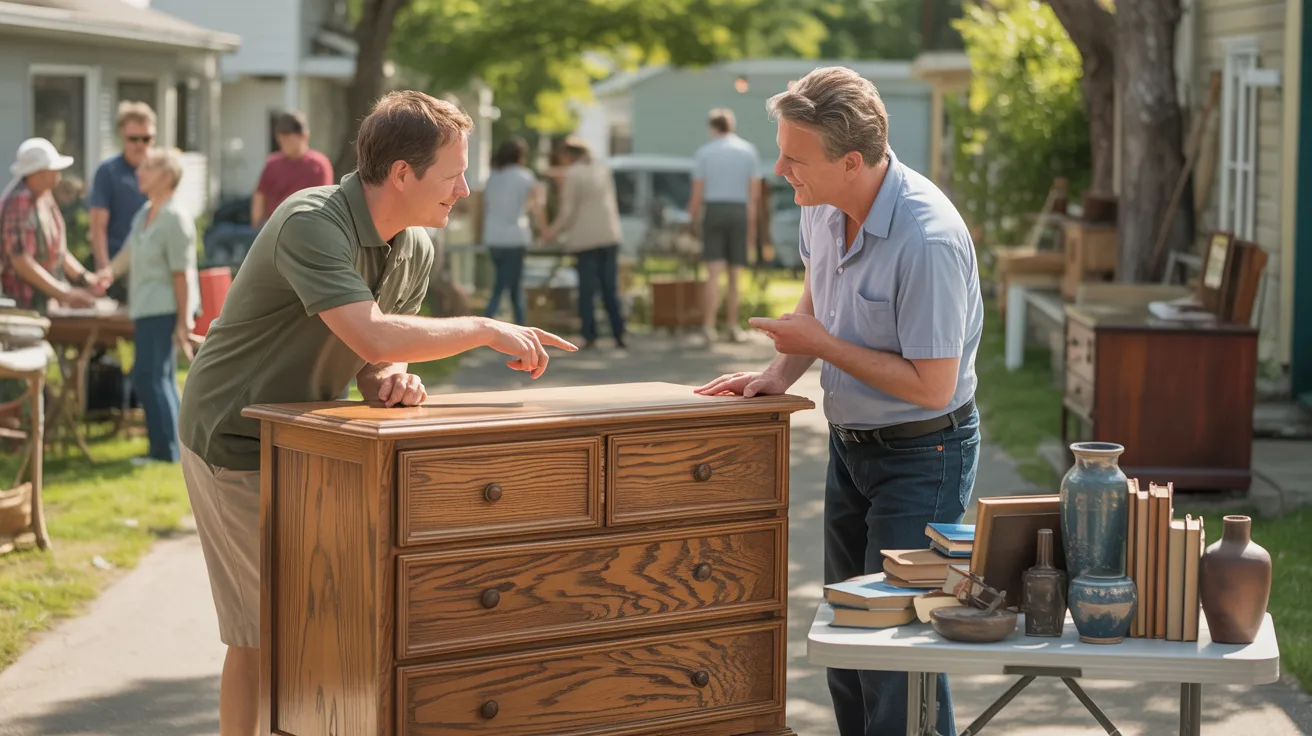 Two men smiling and discussing a wooden dresser at a lively outdoor yard sale. A table with vases and books is nearby, with people browsing in the background.