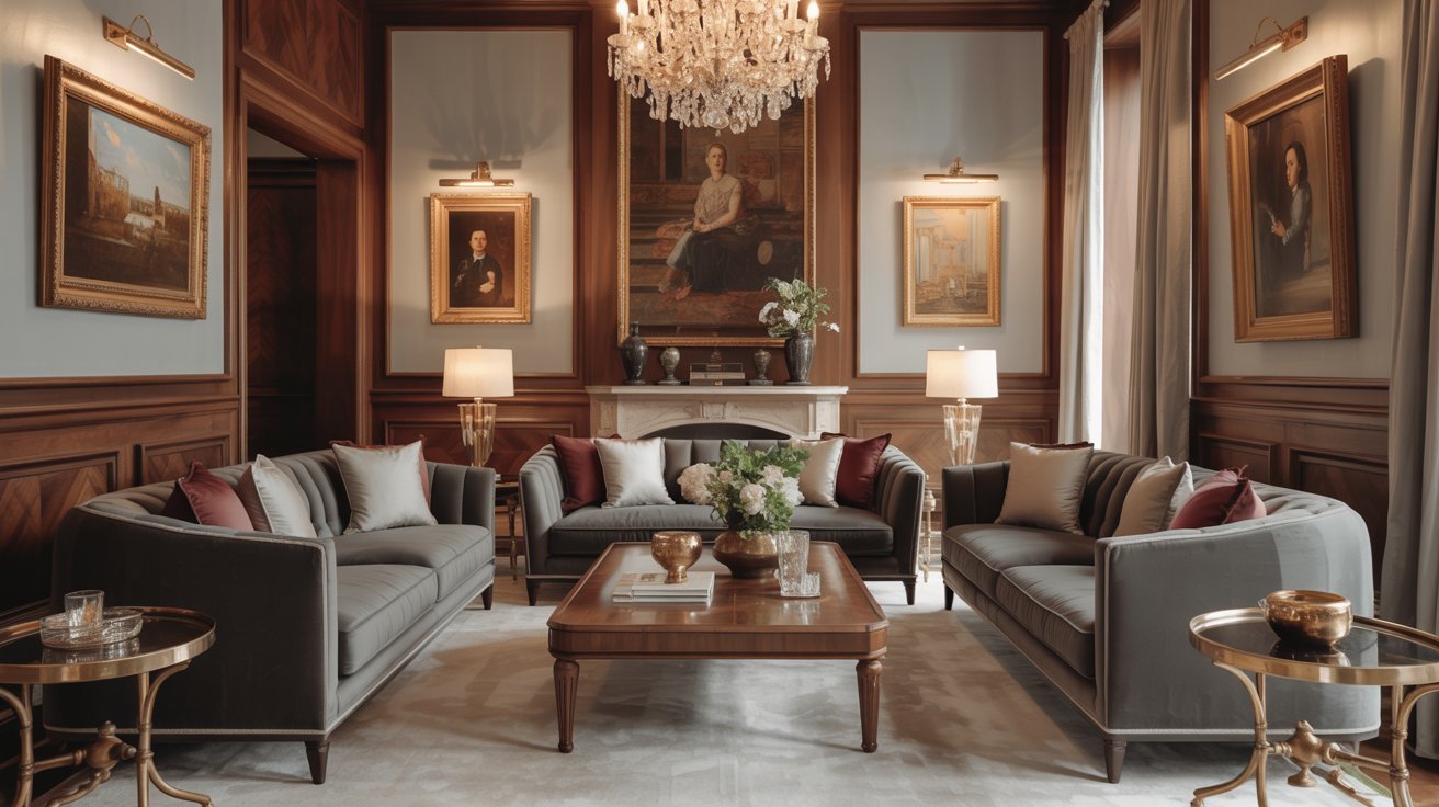 A stylish living room featuring a chandelier and comfortable couches arranged for relaxation and socializing.